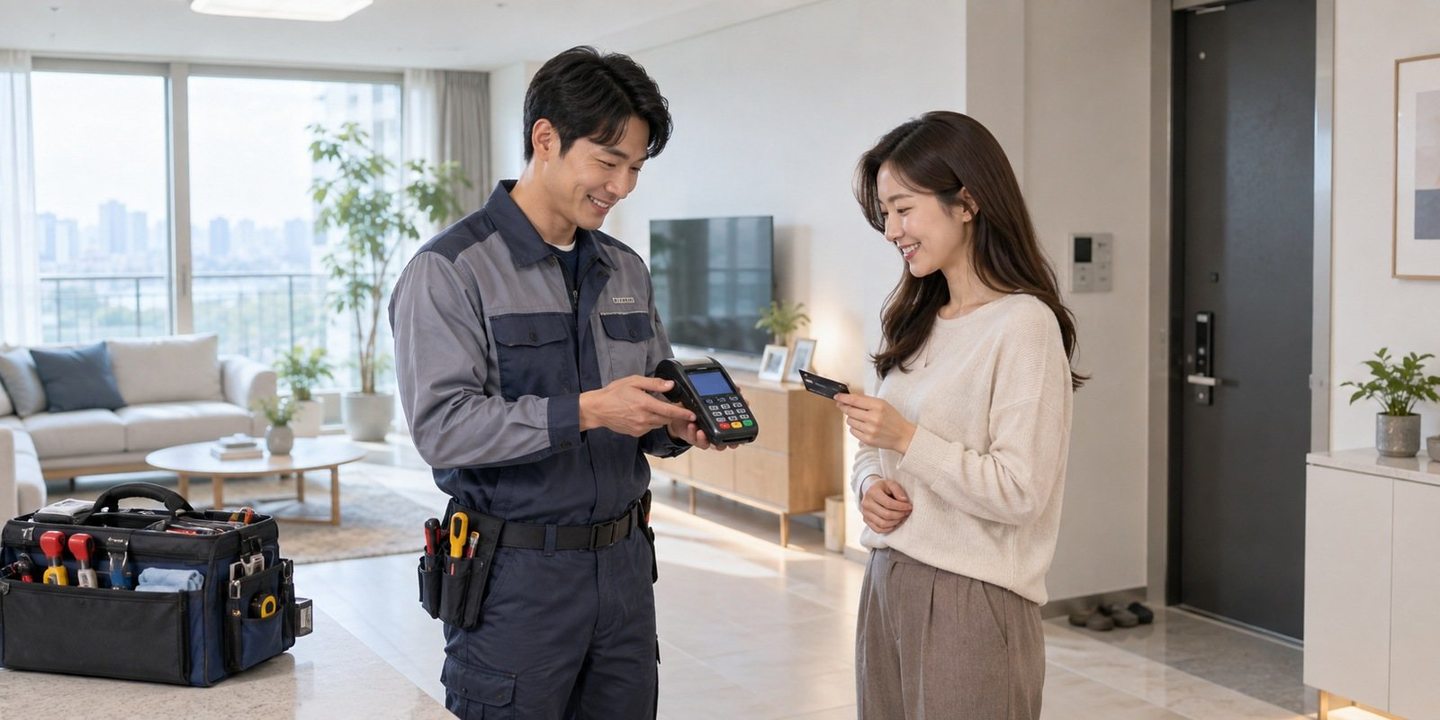 매장 안에서 휴대용 결제 기기를 살펴보는 사람들 — 쇼핑몰 PG 송장은 쌓이는데 대금은 늦게 오나요? 입금일부터 골라 계약서에 적어 드립니다.